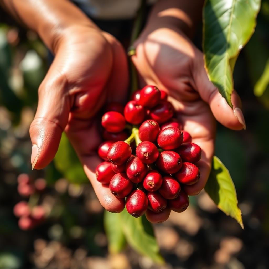 Recolección selectiva de granos de café colombiano.
